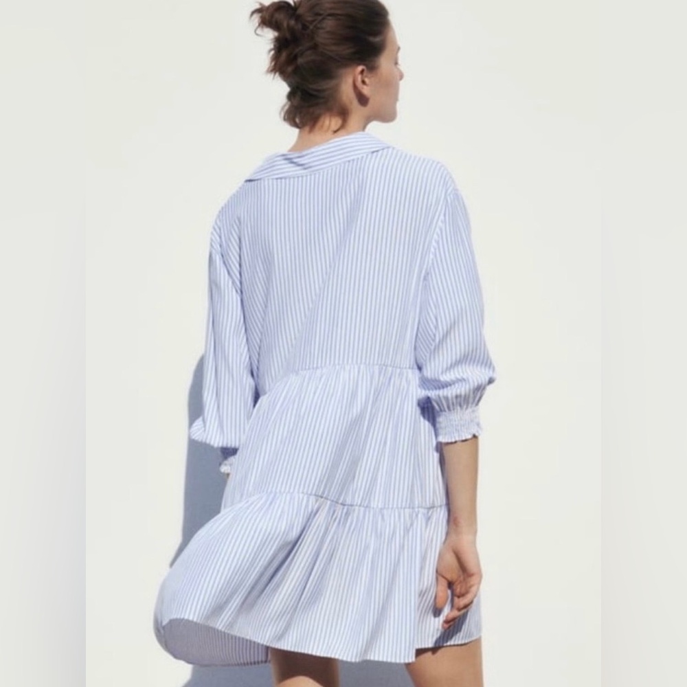 Zara NWOT Women’s Blue & White Vertical Striped Tiered Mini Dress, Size Large. - Picture 8 of 11